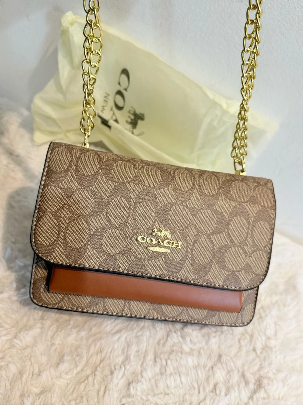 Coach Tan Signature Canvas Crossbody with Gold Chain
